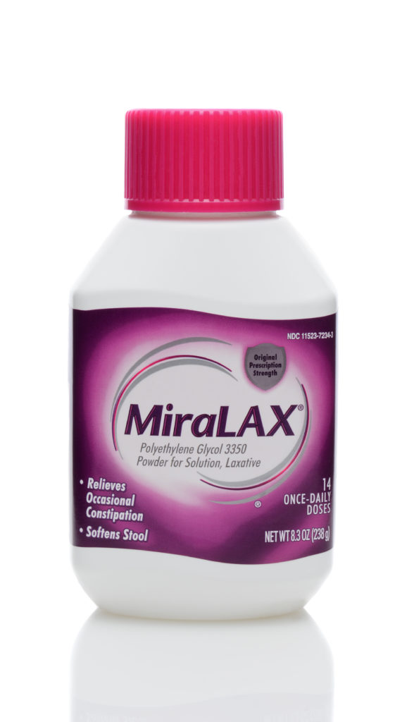 A photo of a bottle of Miralax, which is often given to alleviate constipation.