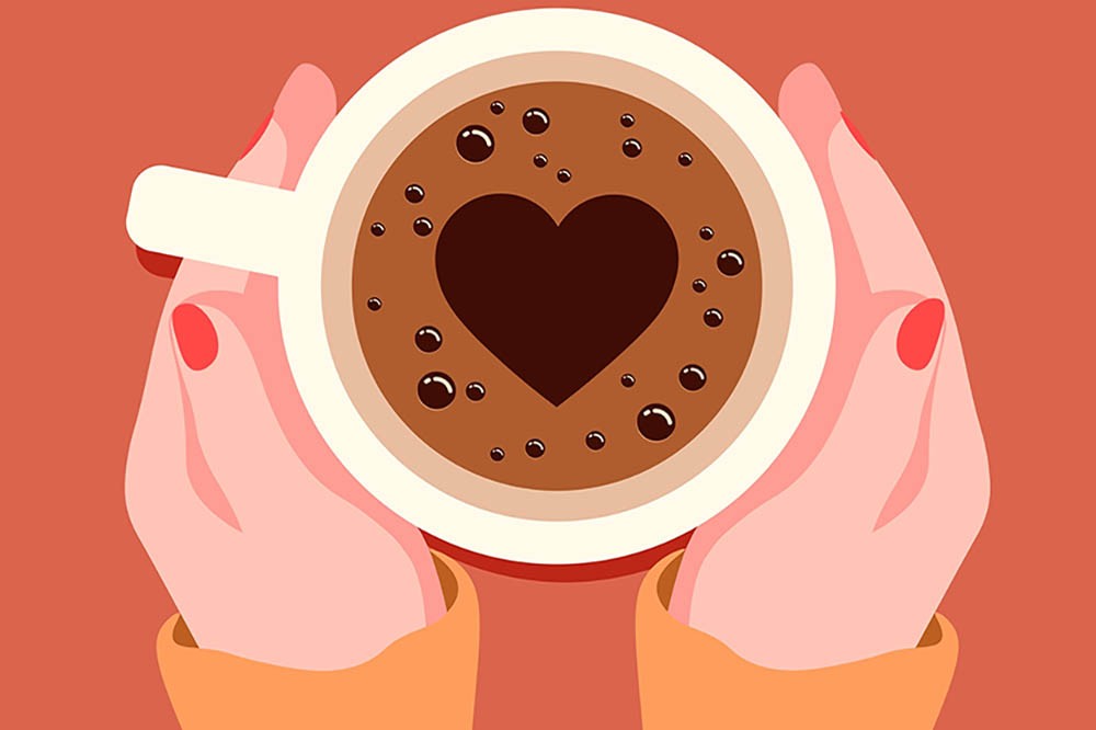 Vector illustration of female hands holding a cup of coffee with foam. Top view of a table in a cafe. Warm time in autumn. Hot coffee with a heart.