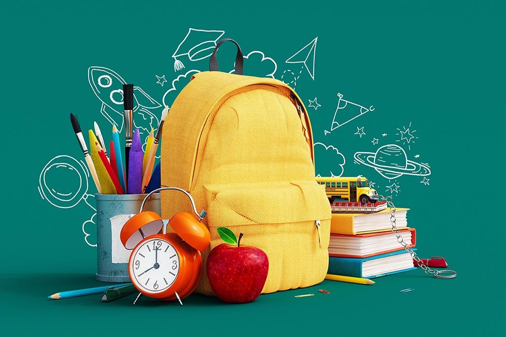 Yellow backpack with alarm clock and school equipment. Back to school concept on green background 3D Rendering, 3D Illustration