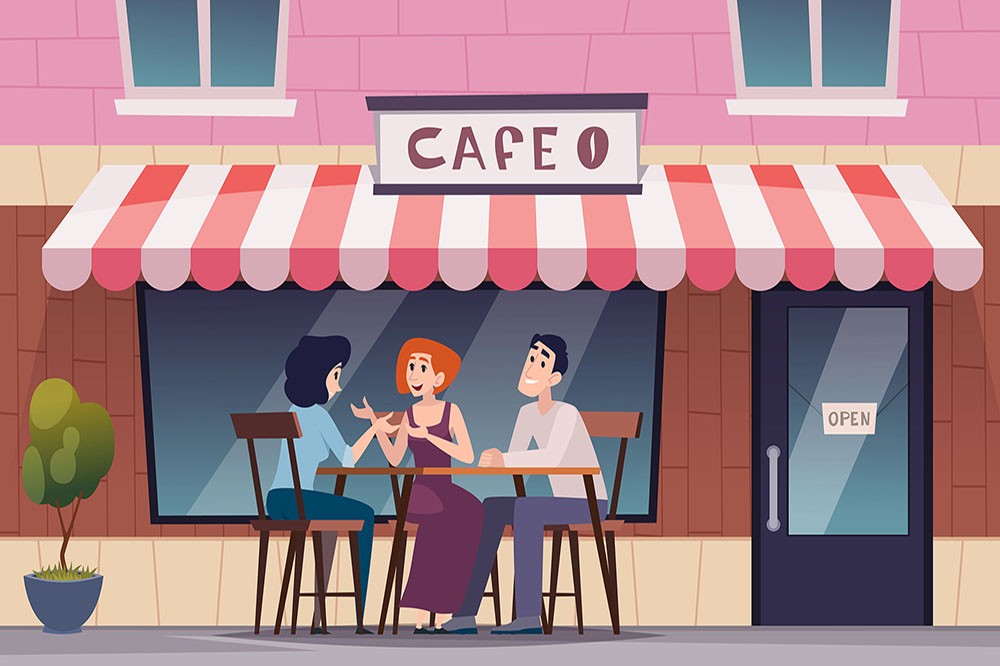 Cafe exterior. People happy couple sitting and relax on terrace exact vector background of exterior street cafe or restaurant illustration
