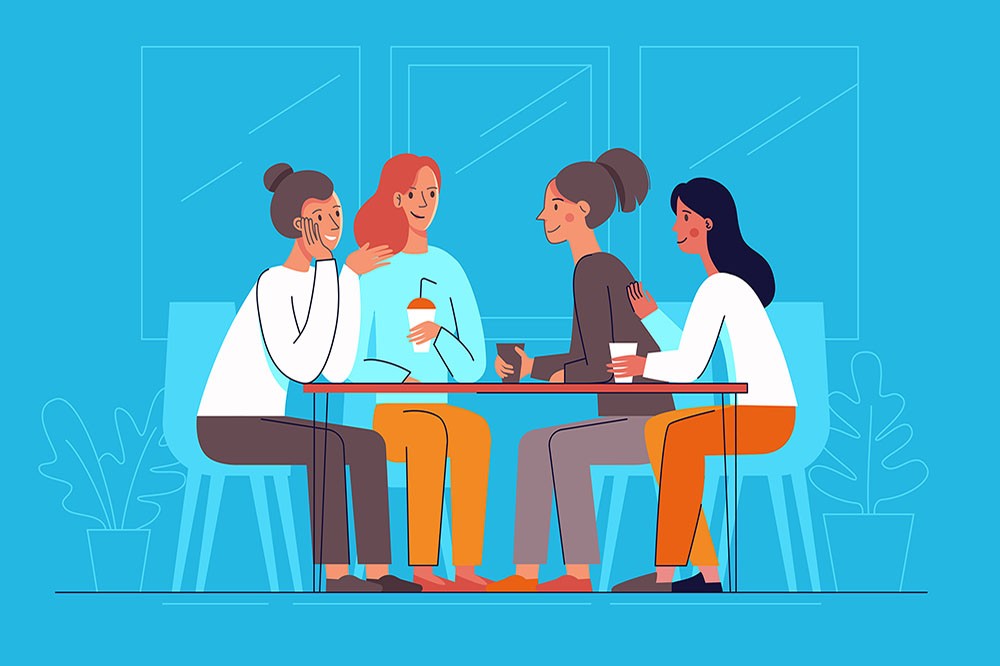 Vector illustration in flat linear style - female friends drinking coffee and chatting - cartoon characters  sitting at table in the cafe