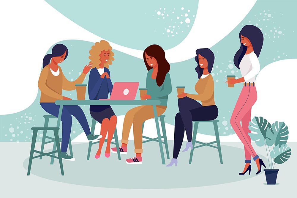 Cartoon Female Friends Group Characters Drinking Coffee, Talking, Watching Funny Video on Laptop and Laughing Sit at Cafe. Smiling Women Spending Fun Break Time at Work. Vector Flat Illustration