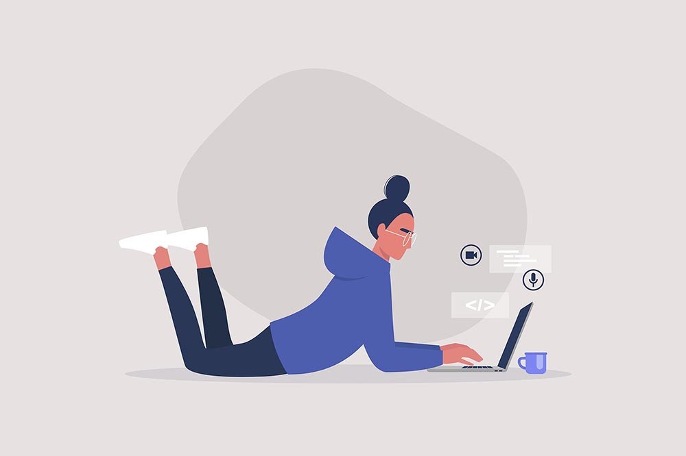 Young female character lying on the floor and typing on a laptop, working from home concept